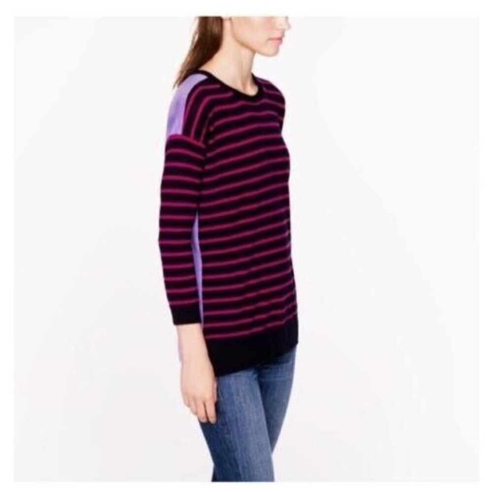 J CREW 3/4 Sleeve Sweater Size Small 100% Merino Wool Purple Colorblock Striped